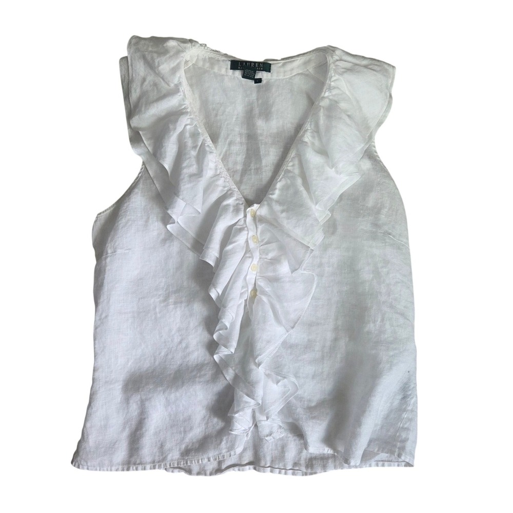 Lauren Ralph Lauren White 100% Linen Ruffle V-Neck Sleeveless Whimsy Top Large